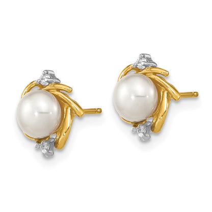 14k Madi K 5-6mm Button White Freshwater Cultured Pearl and .04 Carat Diamond Post Earrings