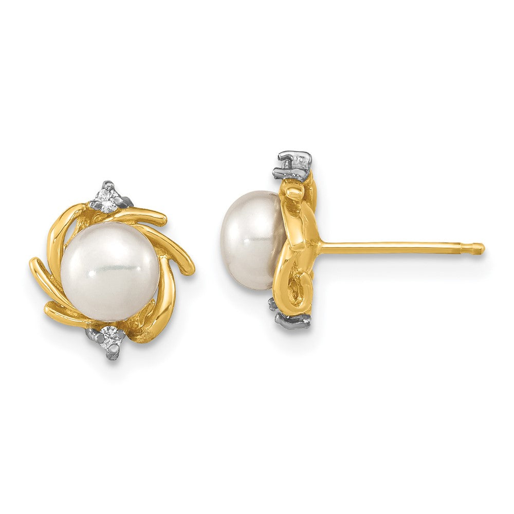 14k Madi K 5-6mm Button White Freshwater Cultured Pearl and .04 Carat Diamond Post Earrings