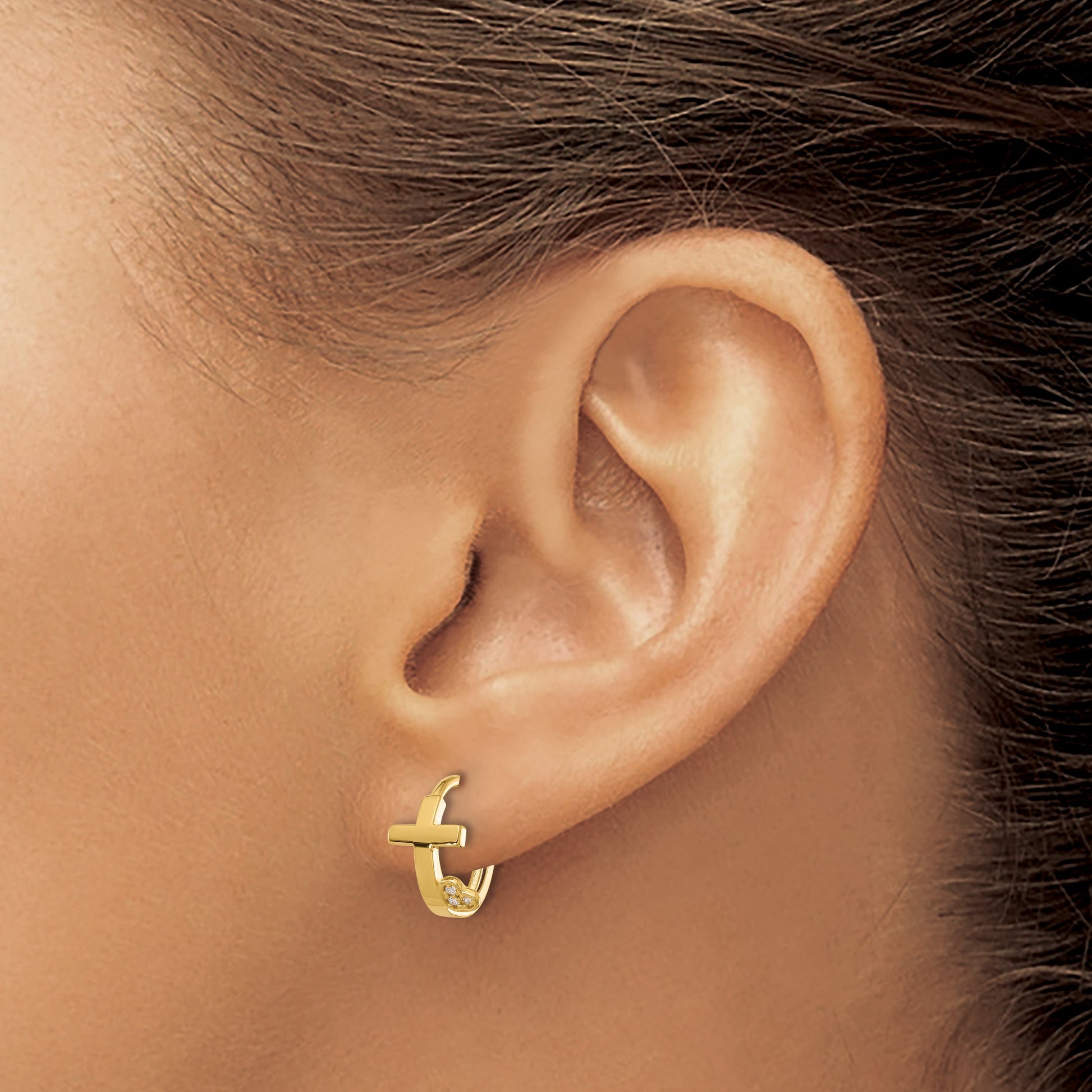 14k Madi K Polished Cross with CZ Heart Hinged Huggie Hoop Earrings