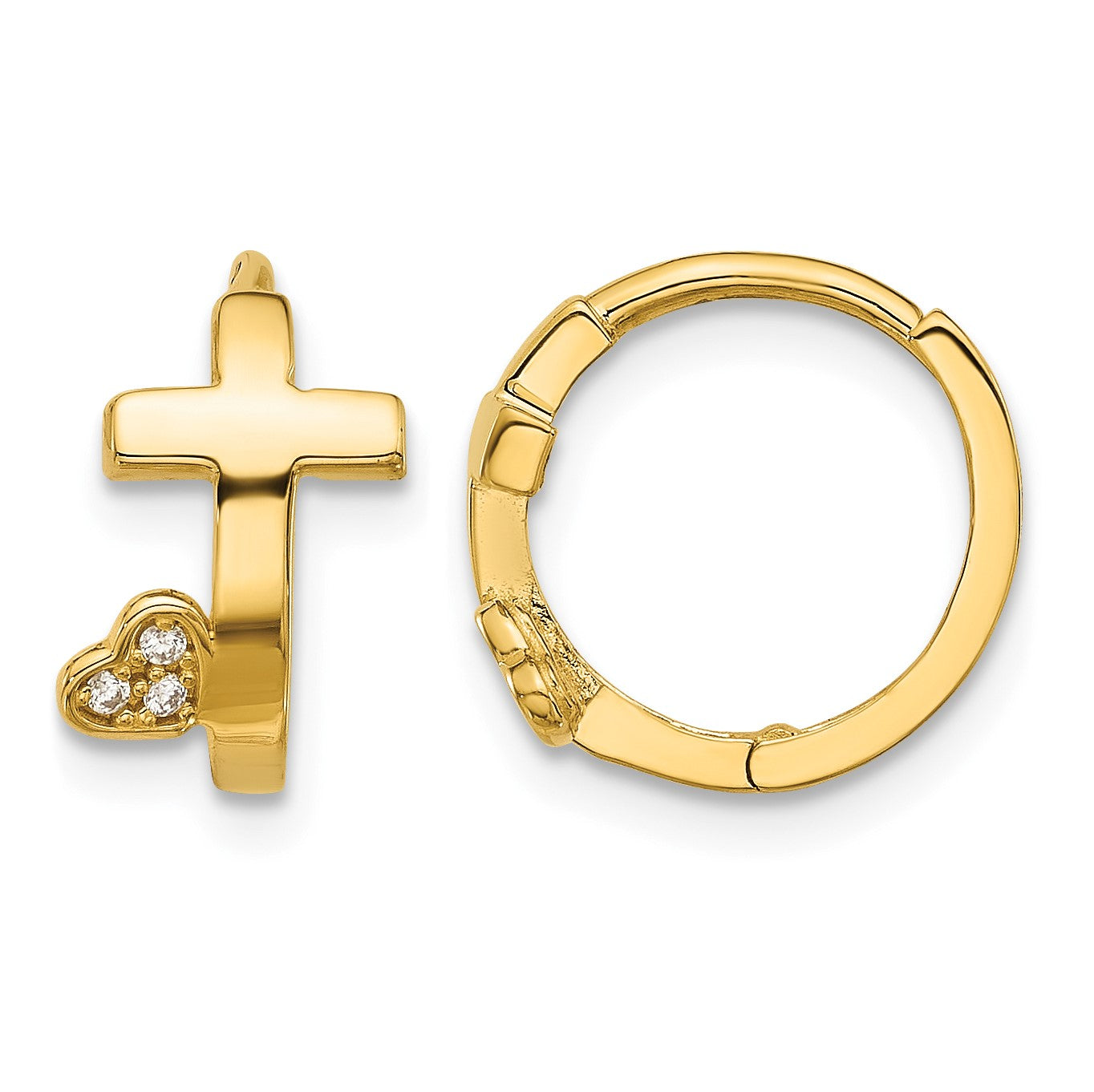 14k Madi K Polished Cross with CZ Heart Hinged Huggie Hoop Earrings