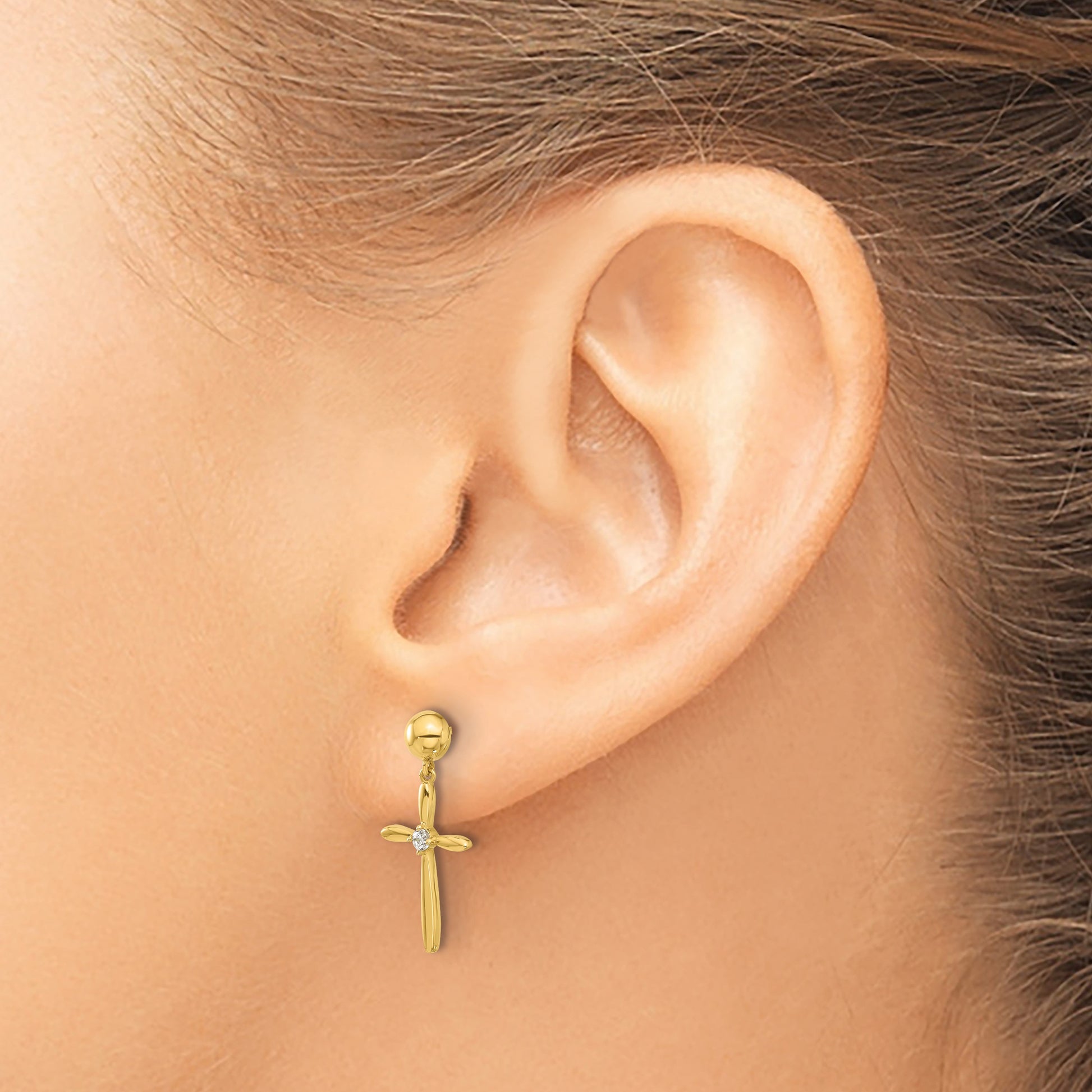 14k Madi K Polished CZ Cross Dangle Childrens Post Earrings