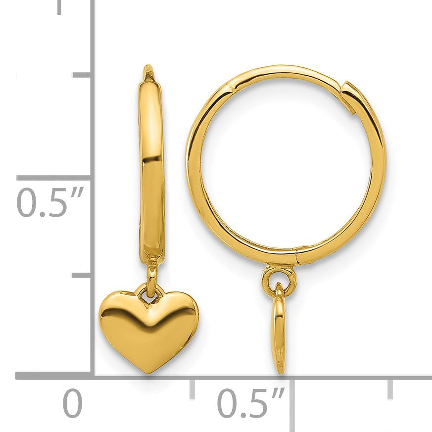 14k Madi K Polished Heart Dangle Childrens Hinged Hoop Earrings