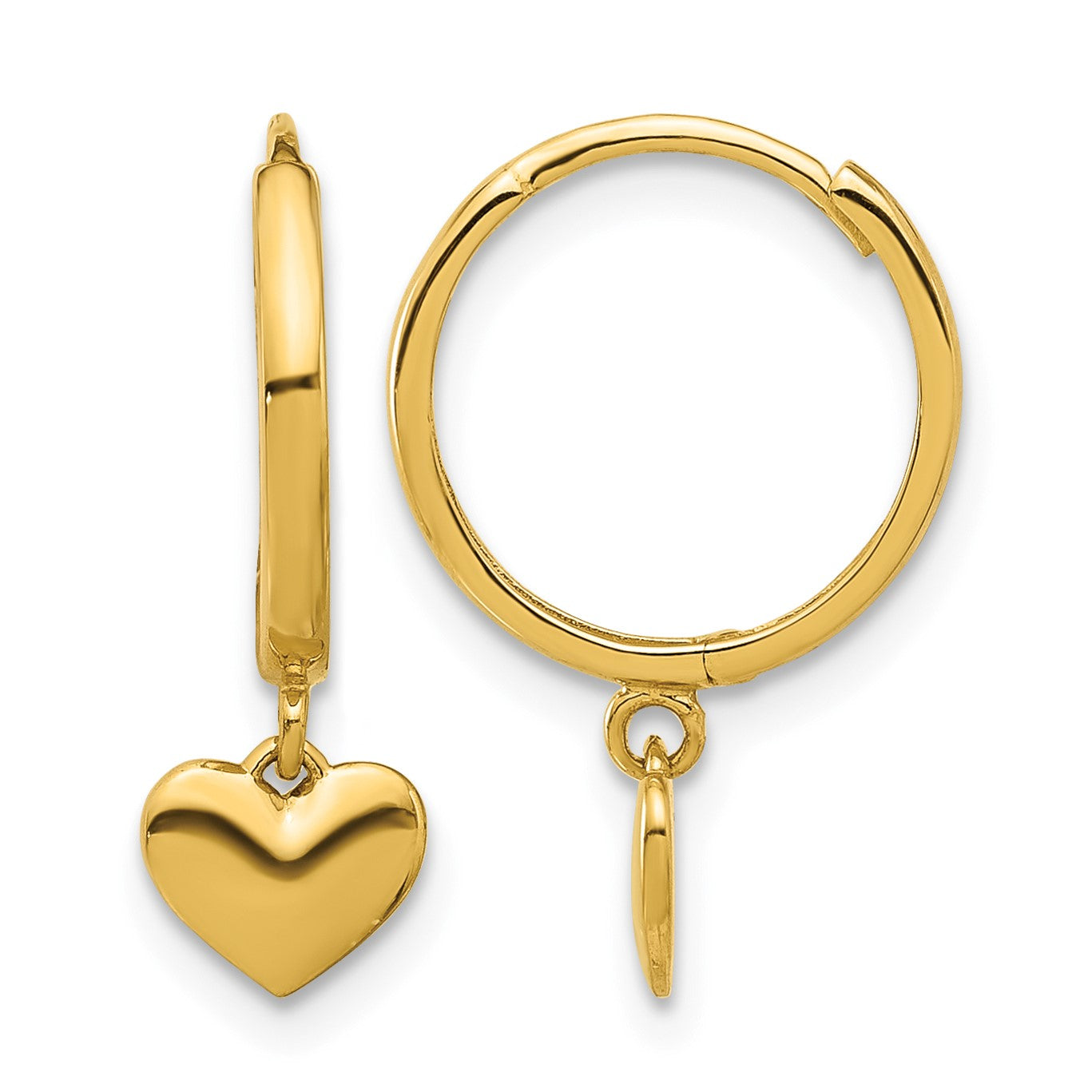 14k Madi K Polished Heart Dangle Childrens Hinged Hoop Earrings