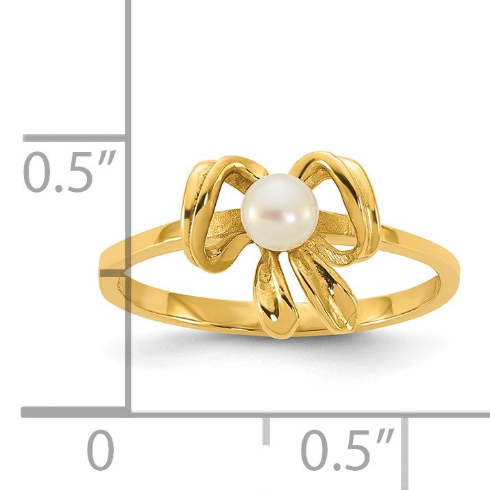 14k Madi K Polished 3-4mm Button White Freshwater Cultured Pearl Bow Size 4 Childrens Ring