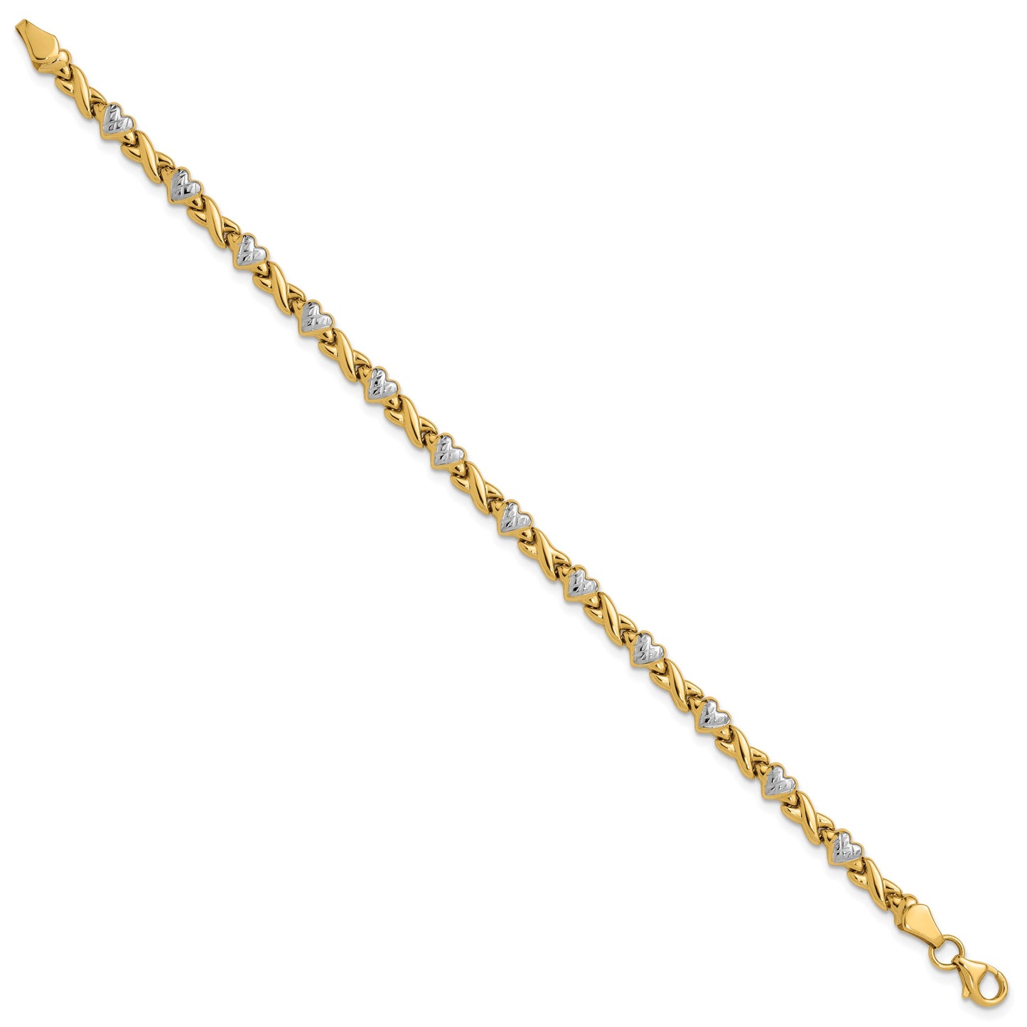 14k with White Rhodium Polished Diamond-cut X-and-Heart 7 inch Bracelet
