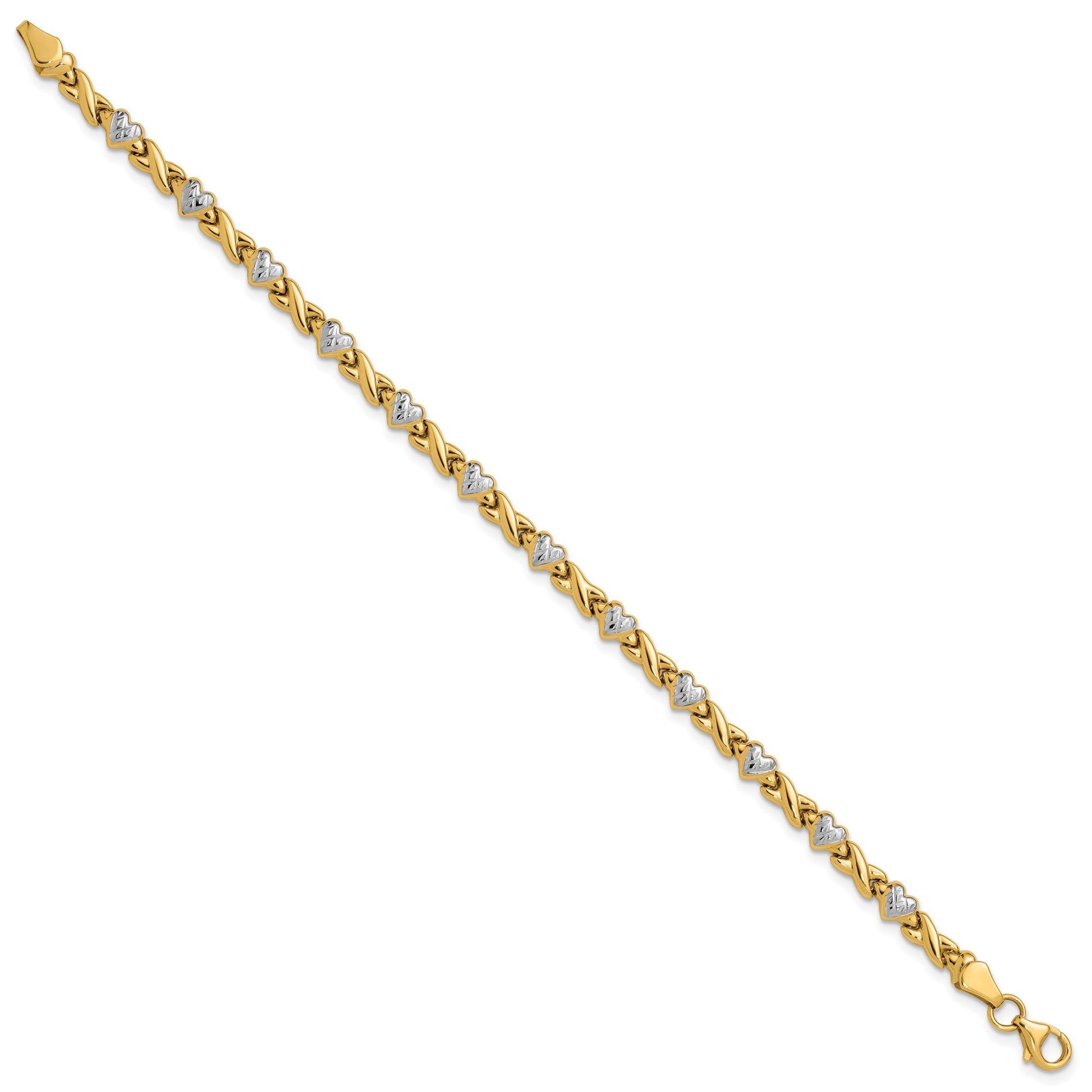 14k with White Rhodium Polished Diamond-cut X-and-Heart 8 inch Bracelet