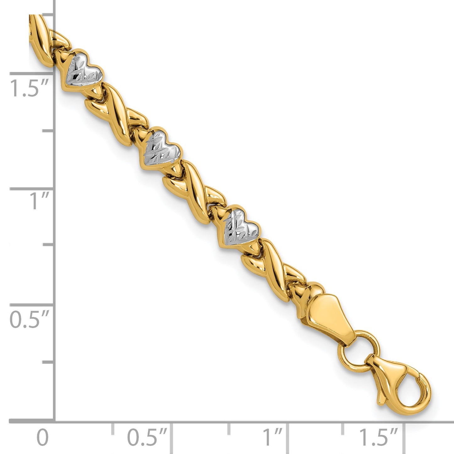 14k with White Rhodium Polished Diamond-cut X-and-Heart 8 inch Bracelet