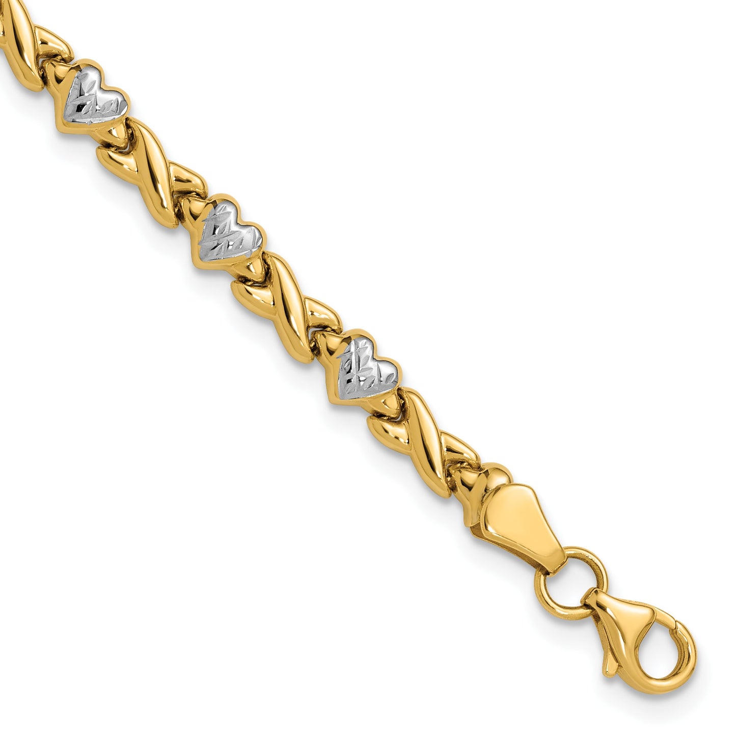 14k with White Rhodium Polished Diamond-cut X-and-Heart 7 inch Bracelet