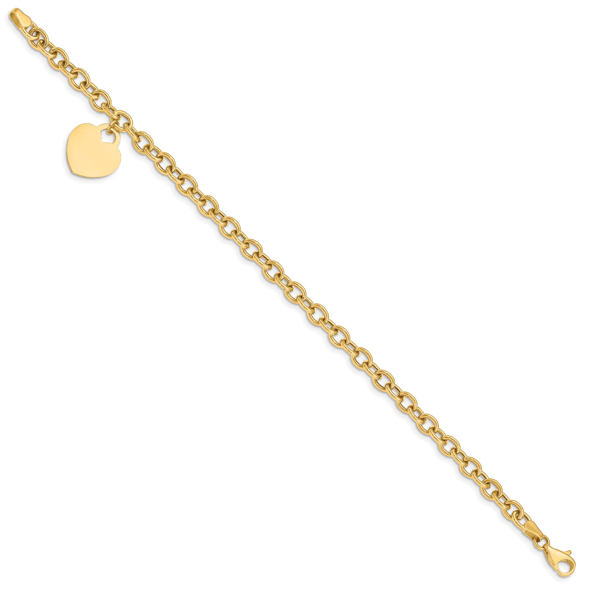 14K Engravable 18x15mm Solid Dangle Heart Charm and Hollow Chain 7.25 inch Bracelet