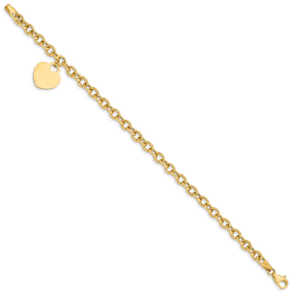 14K Engravable 18x15mm Solid Dangle Heart Charm and Hollow Chain 8.25 inch Bracelet