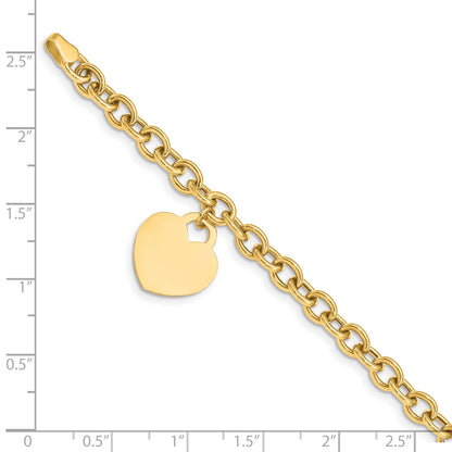 14K Engravable 18x15mm Solid Dangle Heart Charm and Hollow Chain 8.25 inch Bracelet