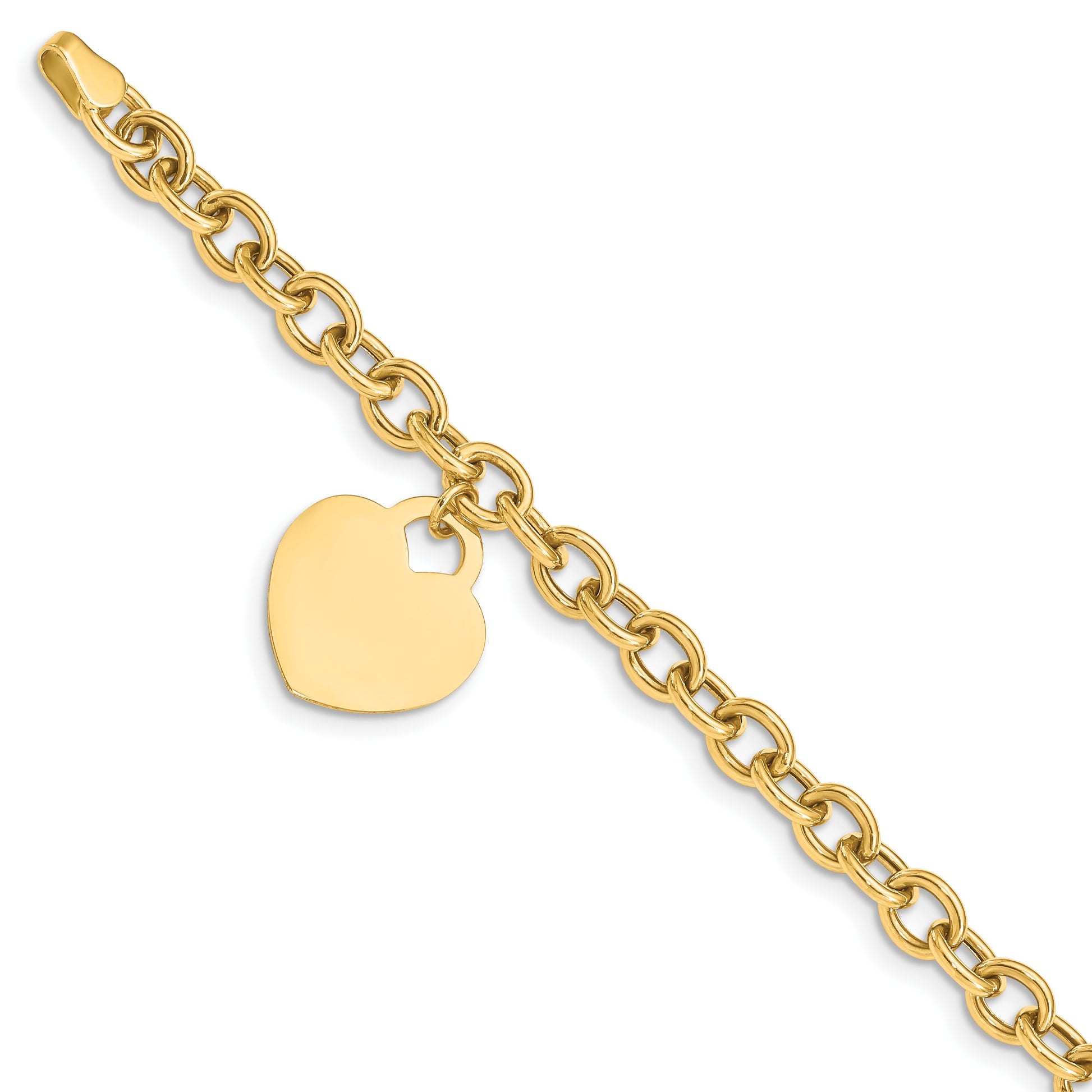 14K Engravable 18x15mm Solid Dangle Heart Charm and Hollow Chain 7.25 inch Bracelet