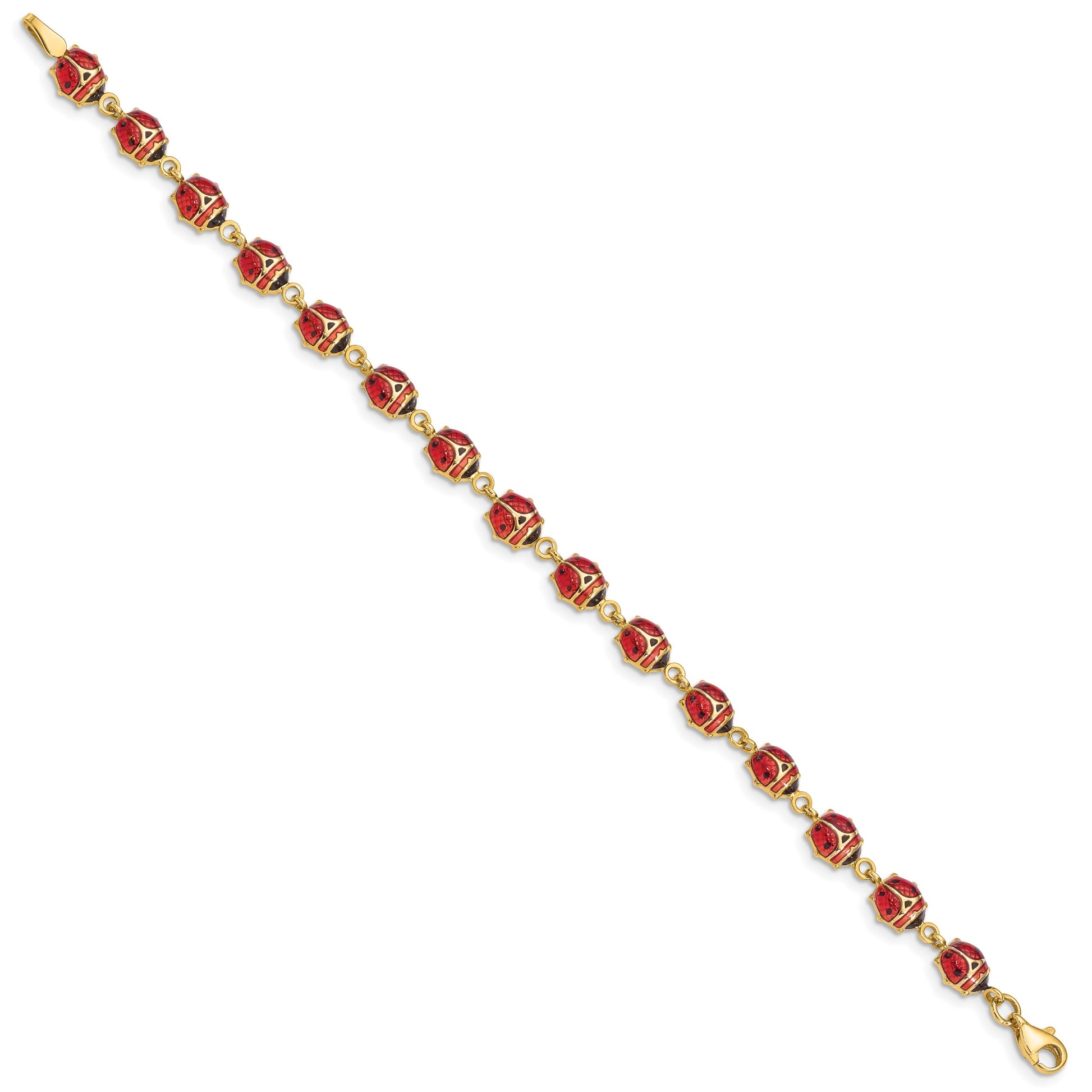 14K Red and Black Enamel and Resin Ladybug 7 inch Bracelet