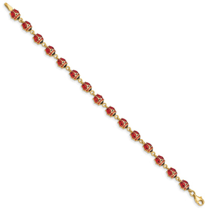 14K Red and Black Enamel and Resin Ladybug 7 inch Bracelet