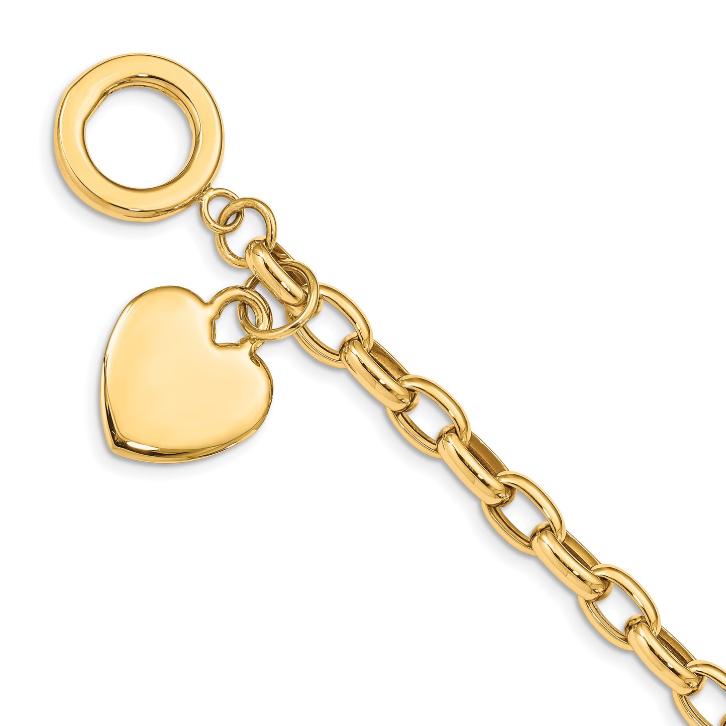 14k Engravable 26x18mm Solid Dangle Heart Charm and Hollow Chain 7.5 inch Toggle Bracelet