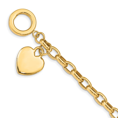 14k Engravable 26x18mm Solid Dangle Heart Charm and Hollow Chain 7.5 inch Toggle Bracelet