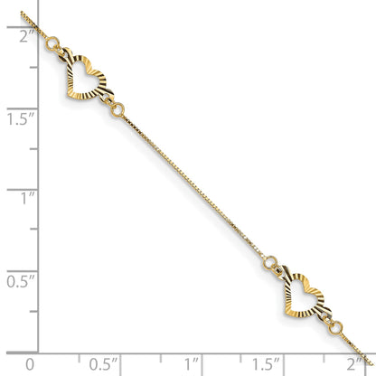 14K Fancy Textured Open Heart 3-Station 7.25 inch Bracelet