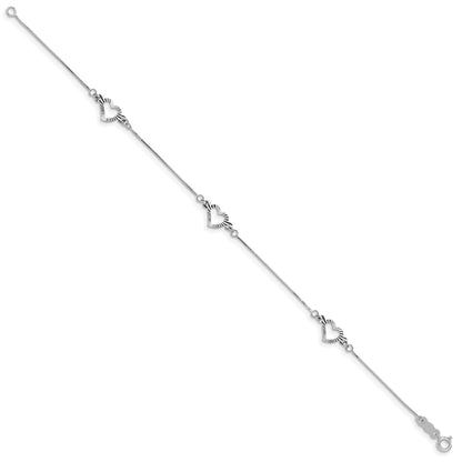 14K White Gold Fancy Textured Open Heart 3-Station 7.25 inch Bracelet