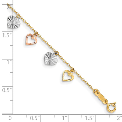 14K Tri-Color Textured Heart Dangle 7.25 inch Bracelet