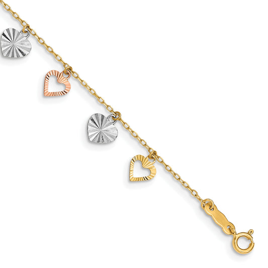 14K Tri-Color Textured Heart Dangle 7.25 inch Bracelet