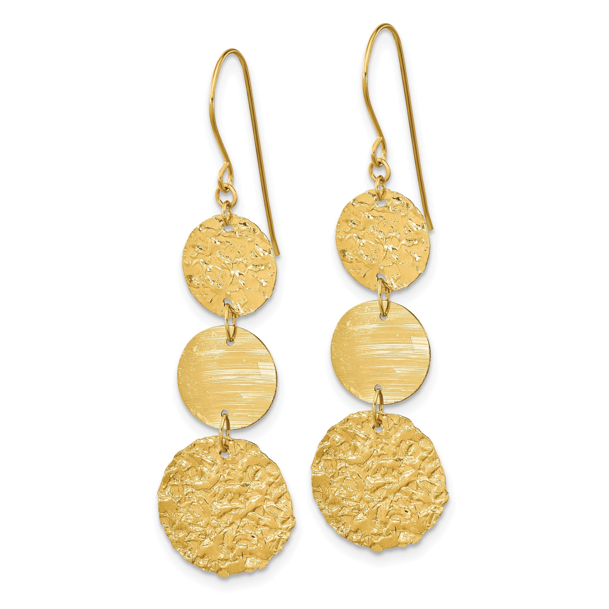 14K Polished and Textured 3-Tier Circle Drop Shepherd Hook Dangle Earrings