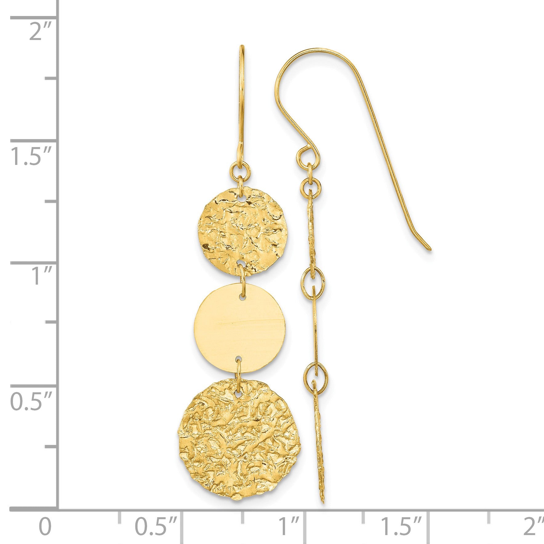14K Polished and Textured 3-Tier Circle Drop Shepherd Hook Dangle Earrings