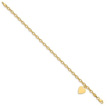 14K Engravable 14x10mm Solid Dangle Heart Charm and Hollow Chain 7.5 inch Bracelet