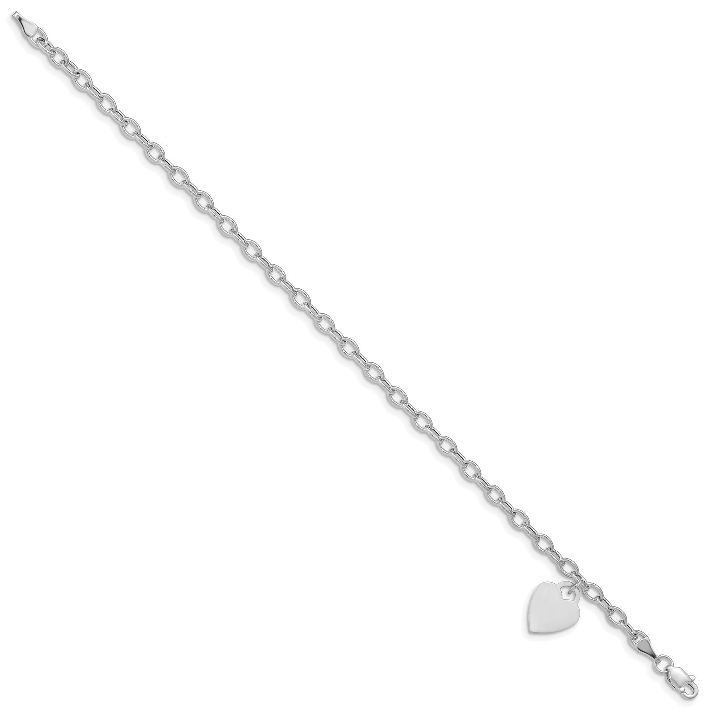 14k White Gold Engravable 14x10mm Solid Dangle Heart Charm and Hollow Chain 7.5 inch Bracelet