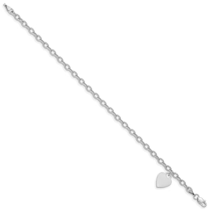 14k White Gold Engravable 14x10mm Solid Dangle Heart Charm and Hollow Chain 7.5 inch Bracelet