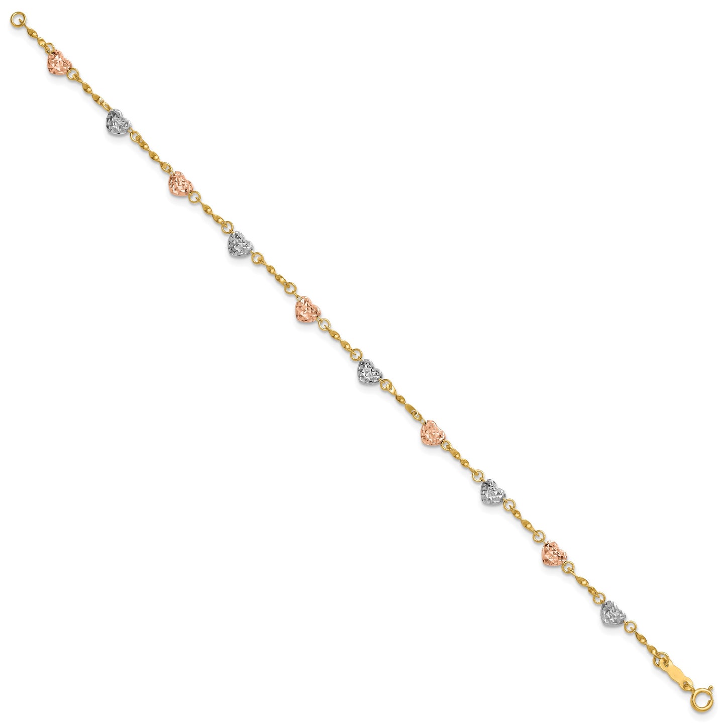 14k Tri-color Diamond-cut Puffed Heart 7 inch Bracelet