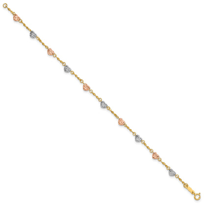 14k Tri-color Diamond-cut Puffed Heart 7 inch Bracelet