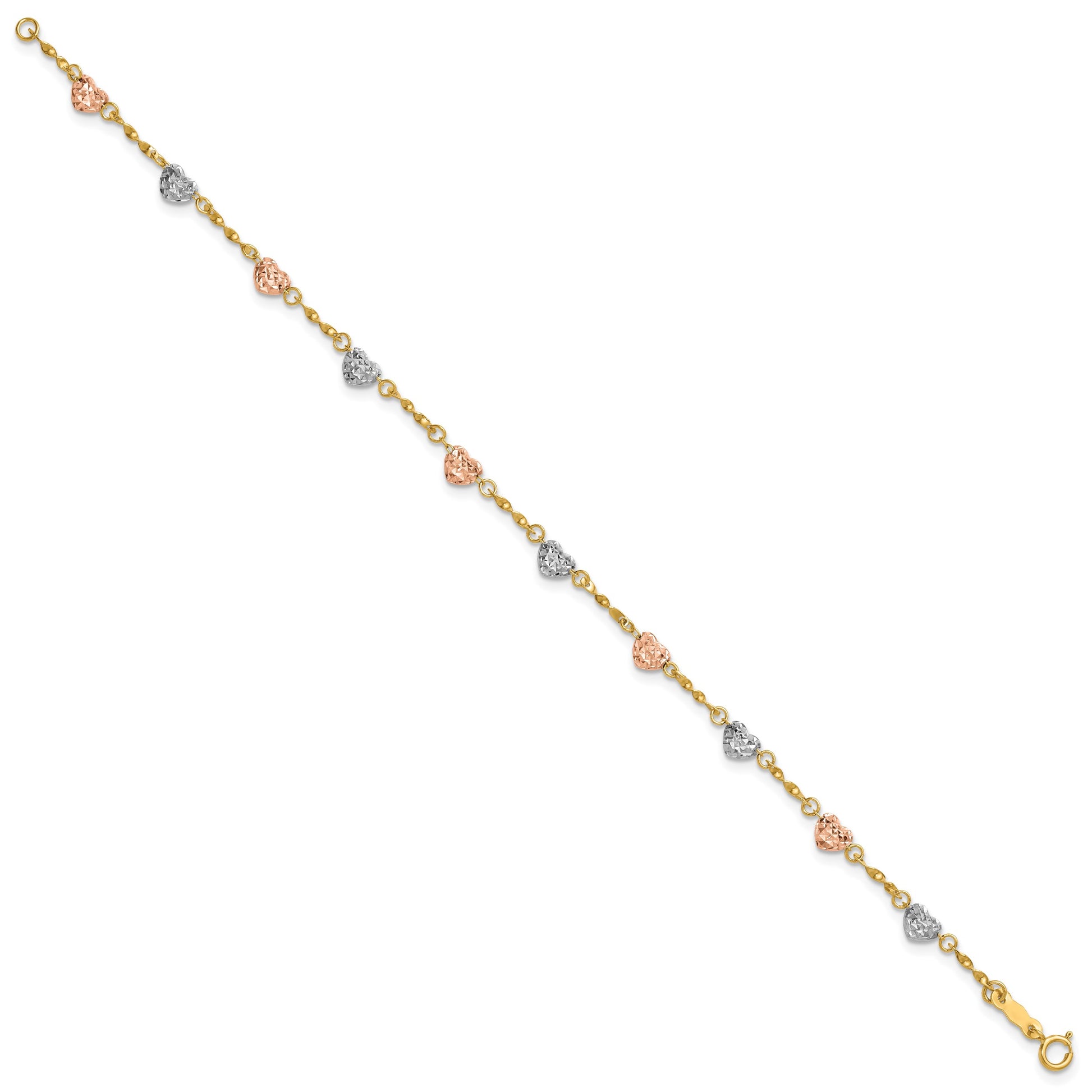 14k Tri-color Puffed Heart 6 inch Childs Bracelet