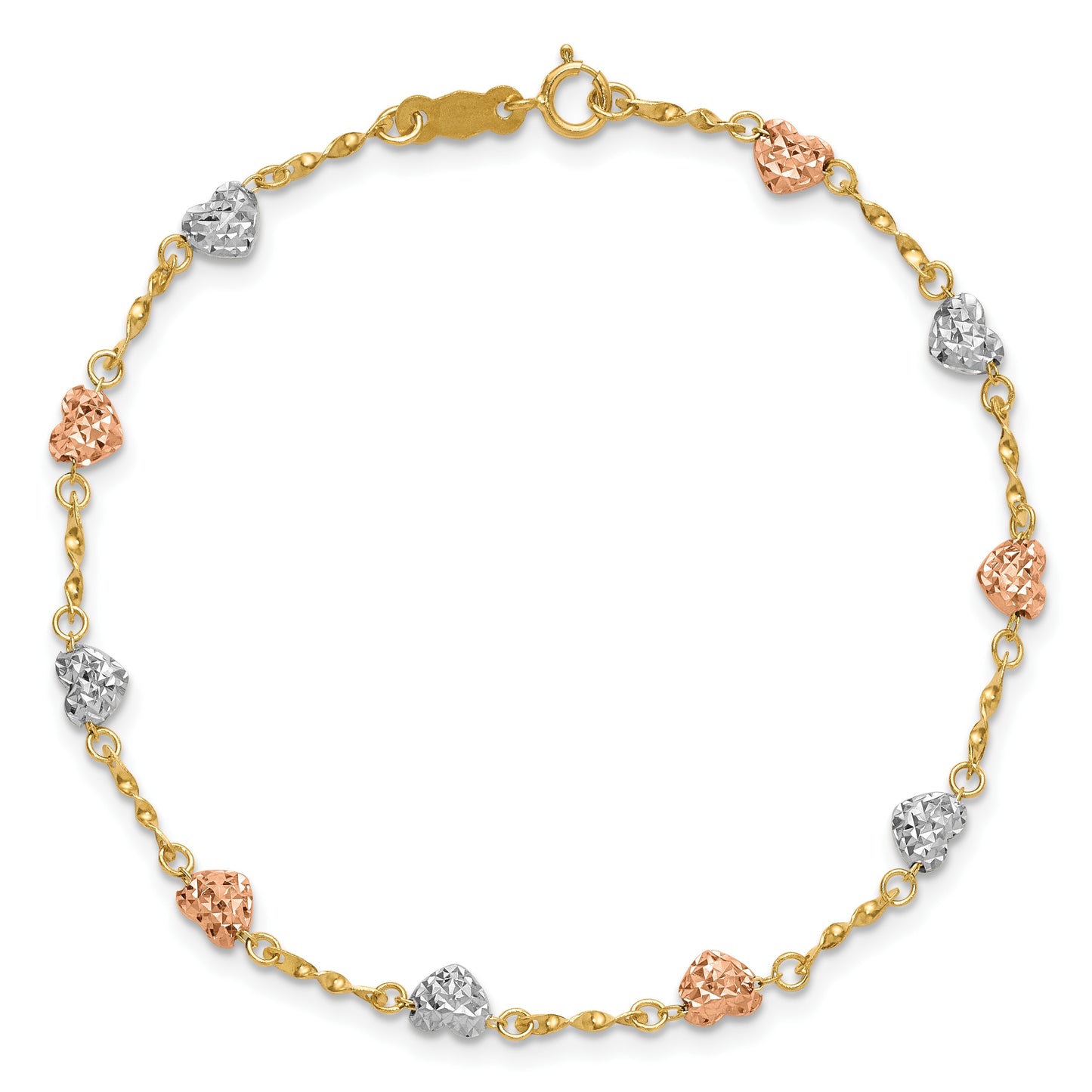 14k Tri-color Diamond-cut Puffed Heart 8 inch Bracelet