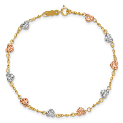 14k Tri-color Puffed Heart 6 inch Childs Bracelet
