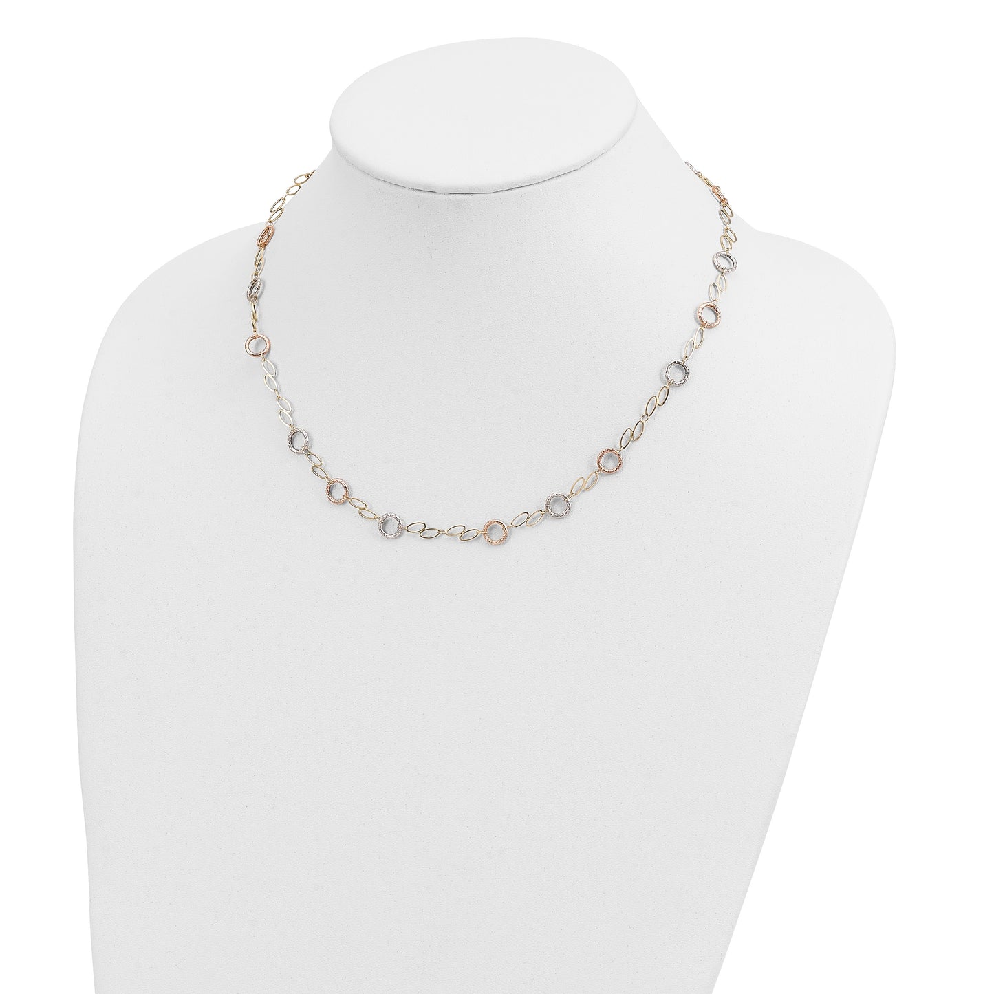 14k Tri-color Polished and Textured Round Circles and Ovals 18 inch Necklace