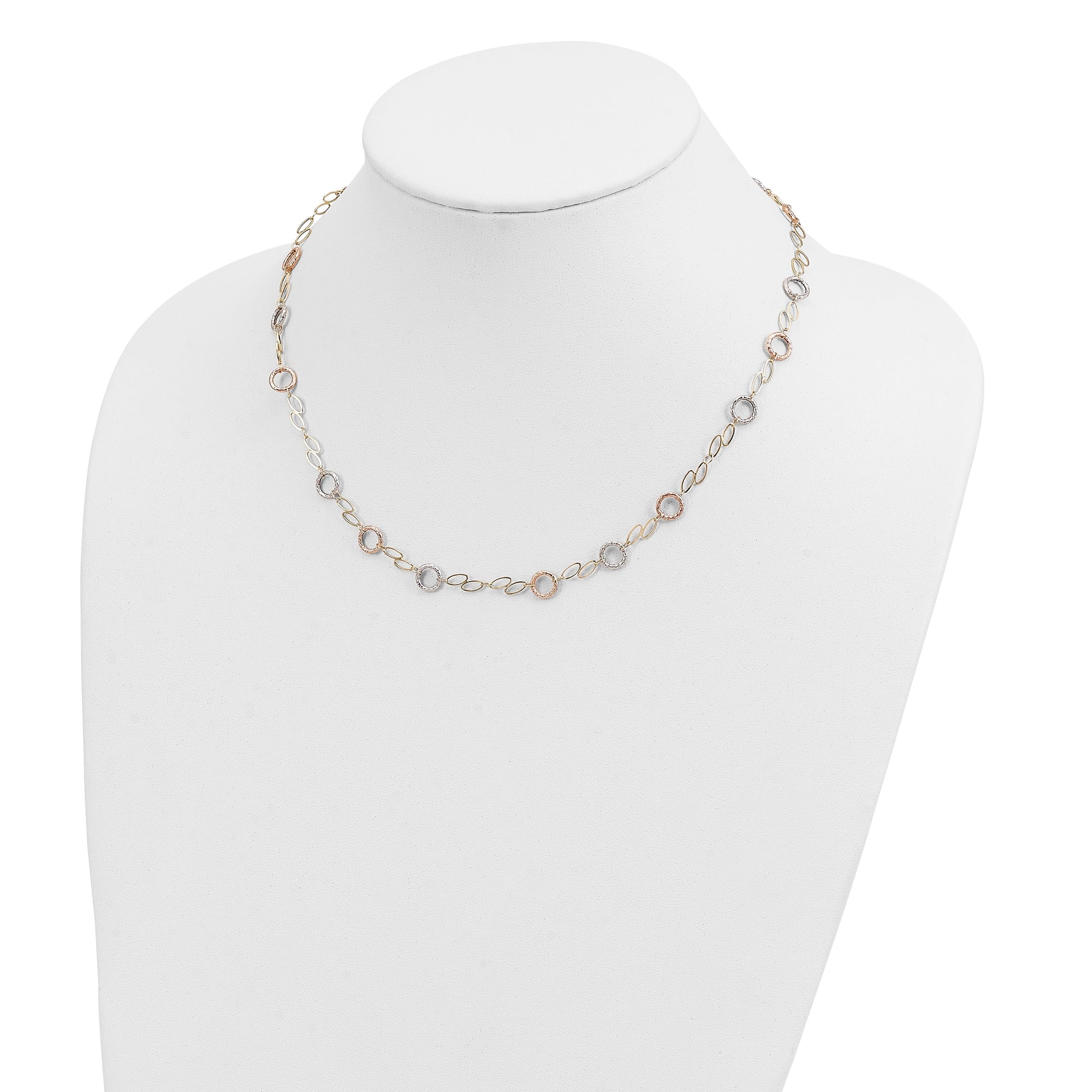 14k Tri-color Polished and Textured Round Circles and Ovals 18 inch Necklace