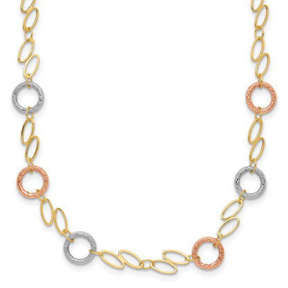 14k Tri-color Polished and Textured Round Circles and Ovals 18 inch Necklace