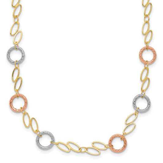 14k Tri-color Polished and Textured Round Circles and Ovals 18 inch Necklace