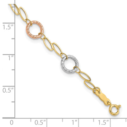 14k Tri-color Polished and Textured Round Circles and Ovals 7.25 inch Bracelet