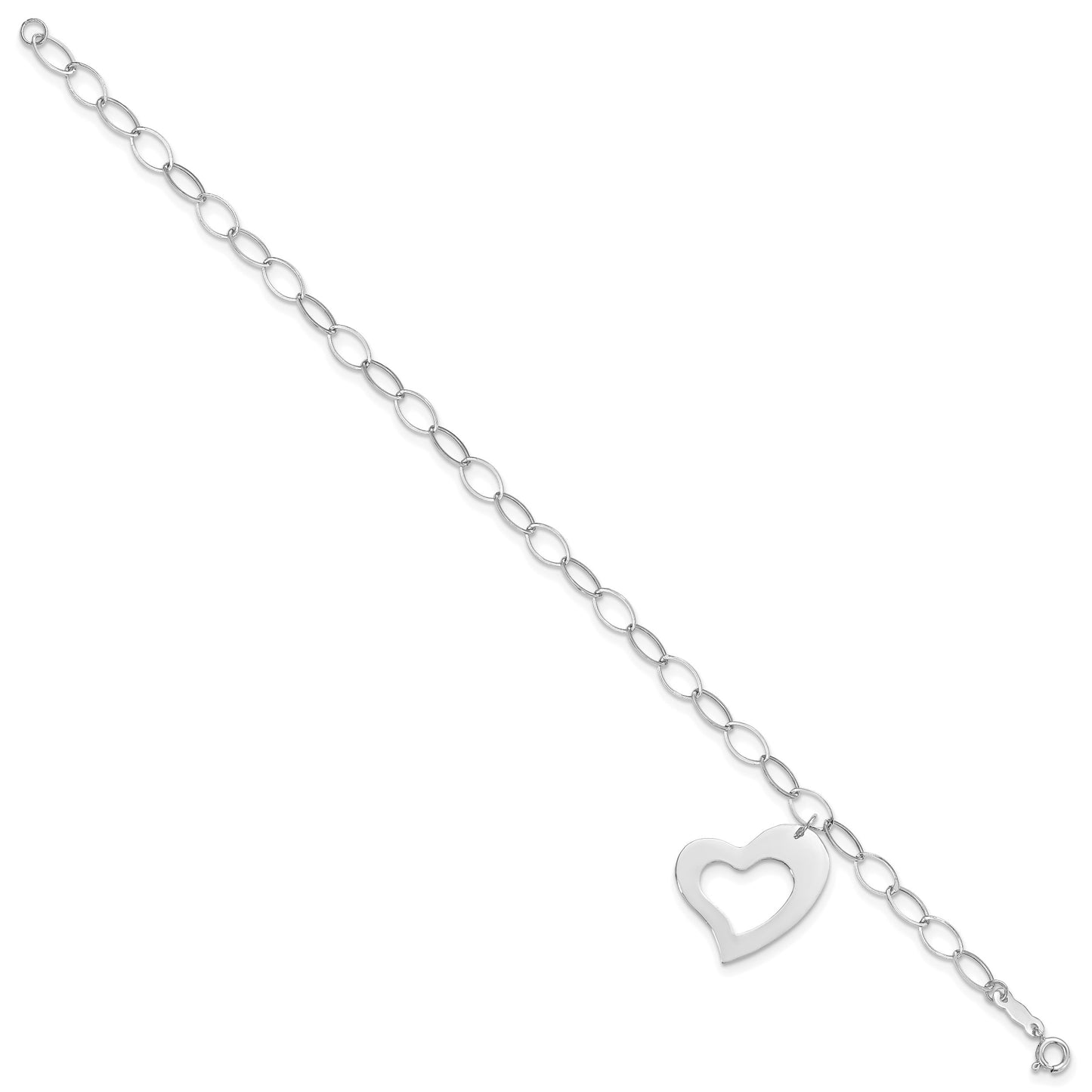 14k White Gold Polished Cut-out Dangle Heart 7.25 inch Bracelet