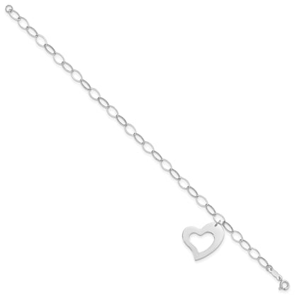 14k White Gold Polished Cut-out Dangle Heart 7.25 inch Bracelet