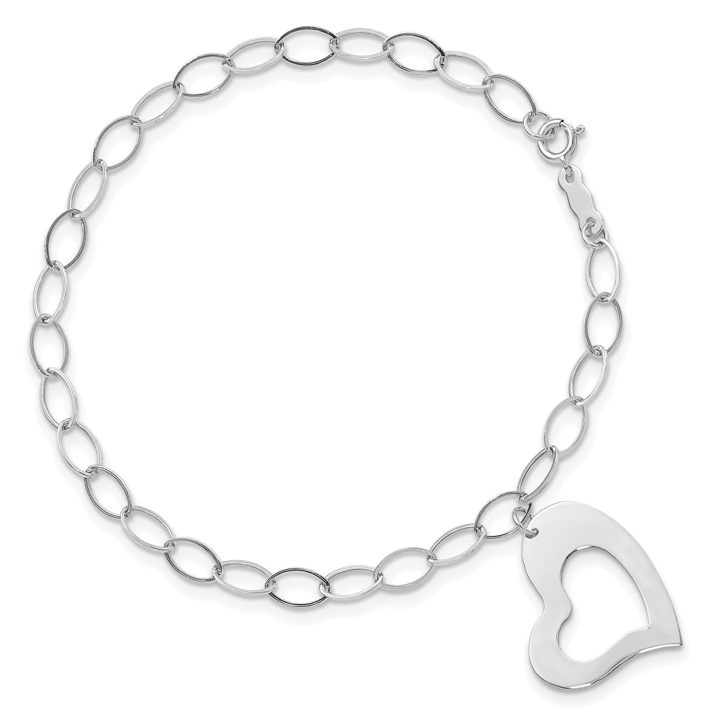 14k White Gold Polished Cut-out Dangle Heart 7.25 inch Bracelet