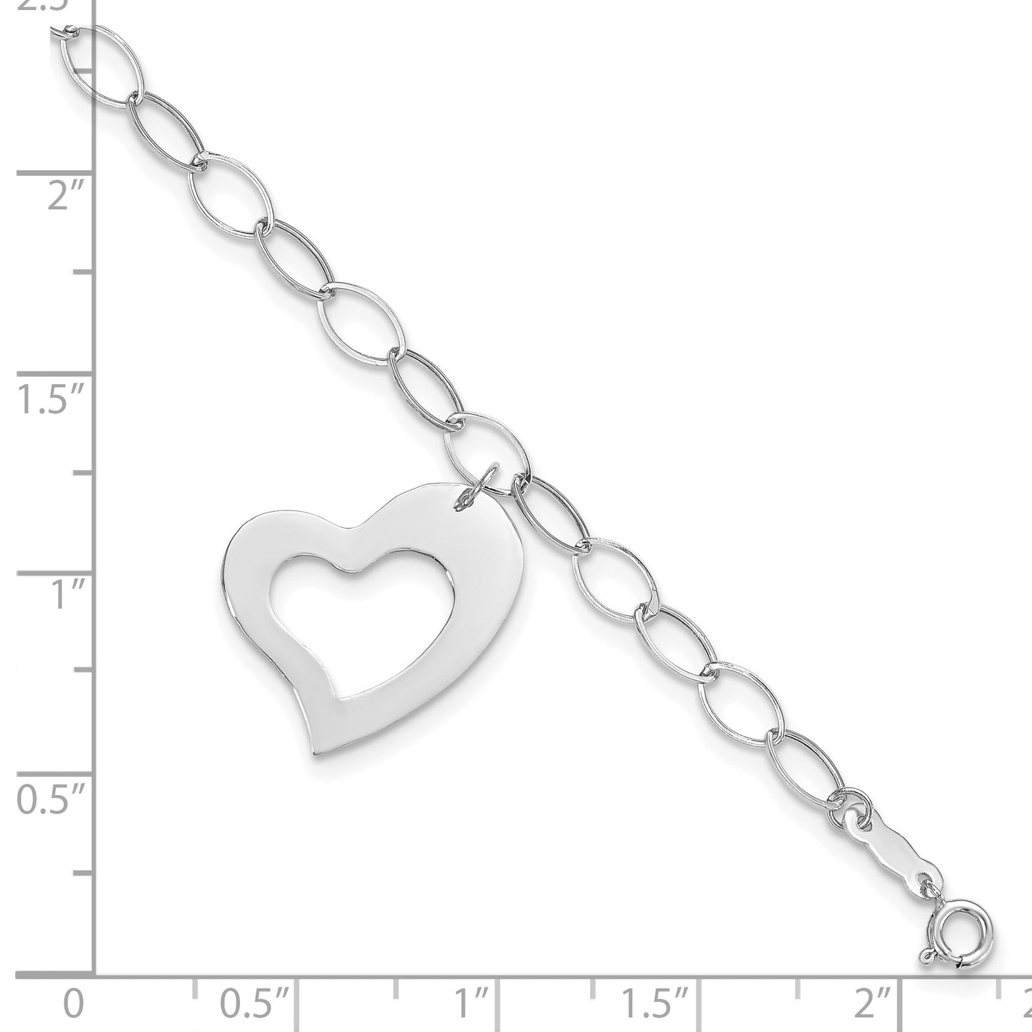 14k White Gold Polished Cut-out Dangle Heart 7.25 inch Bracelet