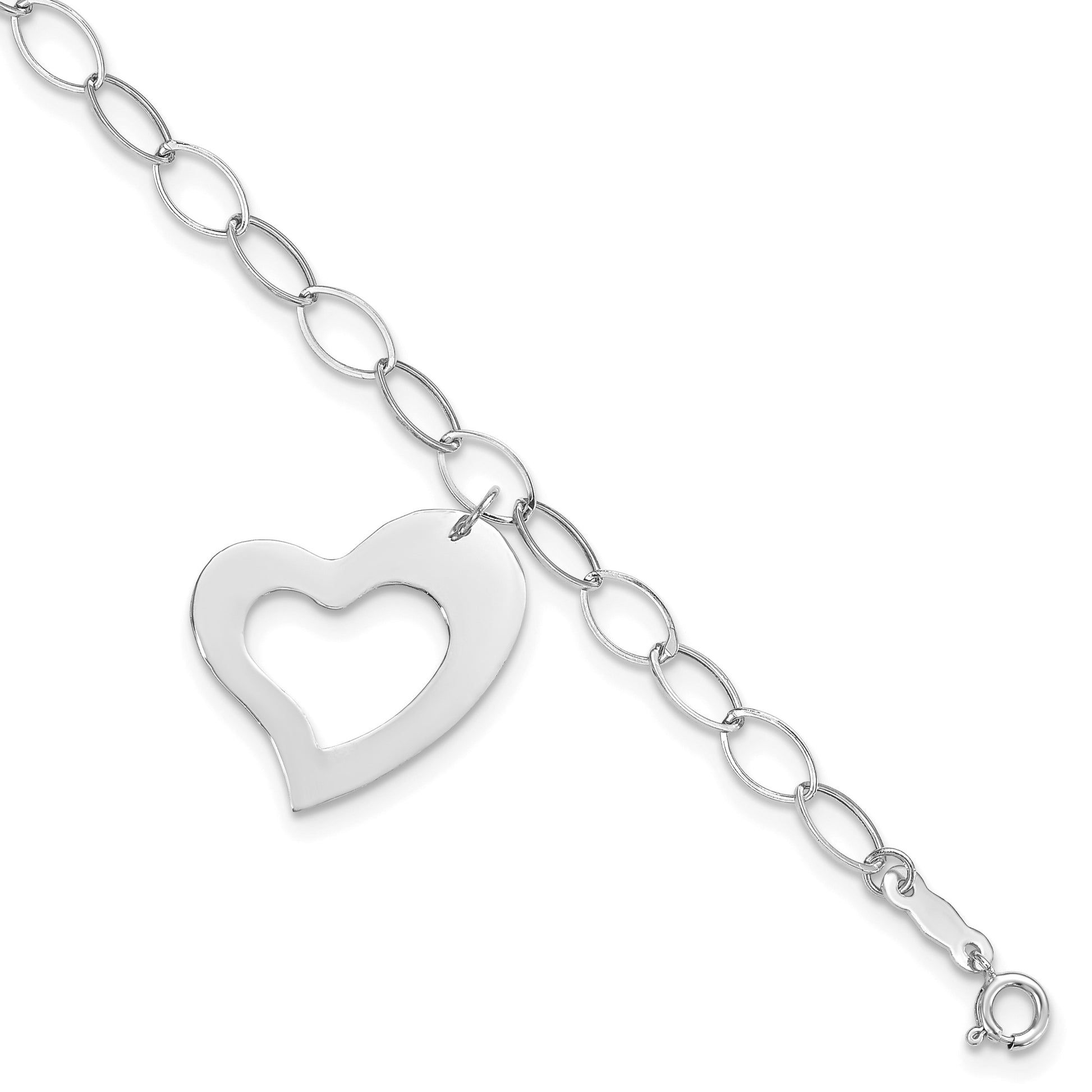 14k White Gold Polished Cut-out Dangle Heart 7.25 inch Bracelet