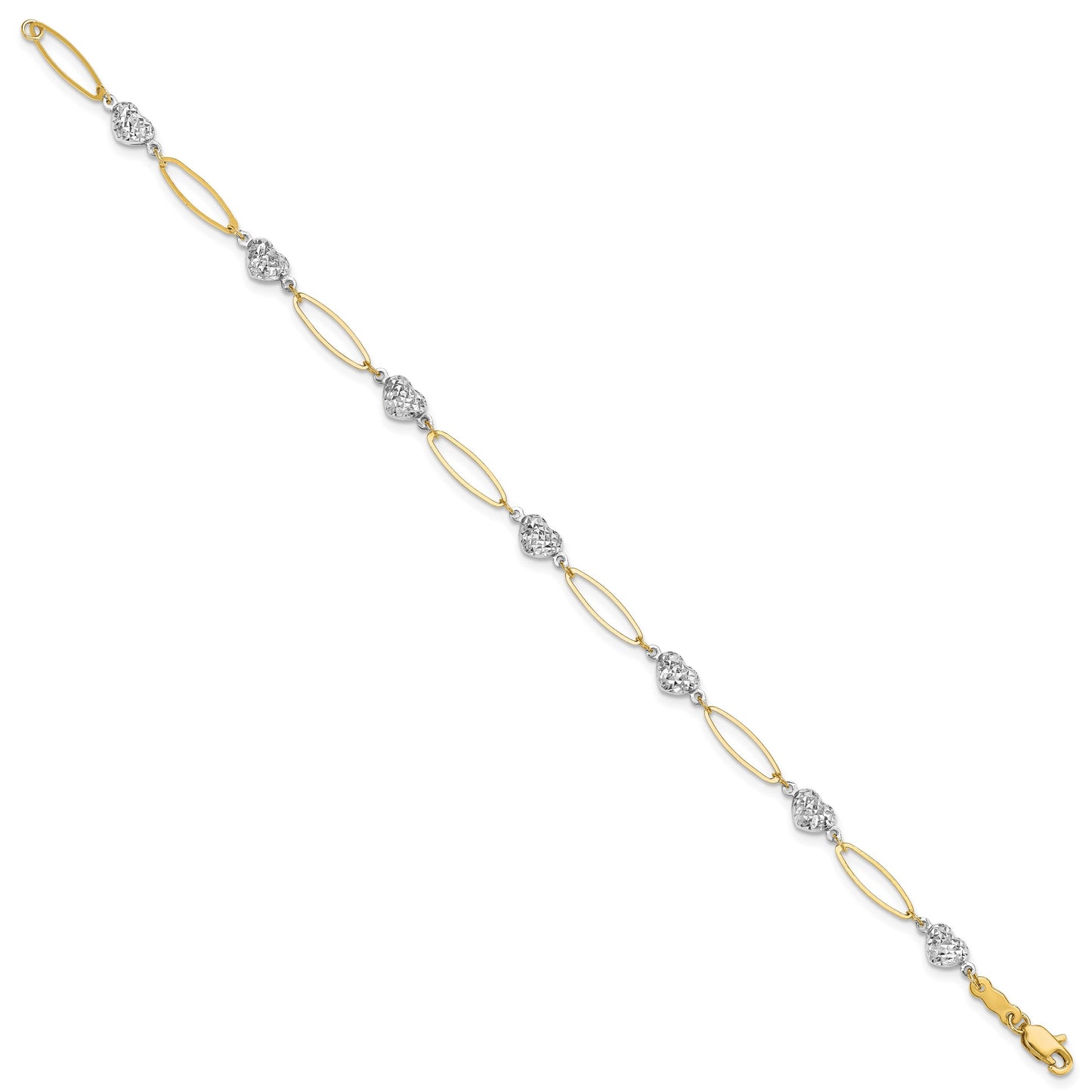 14k Two-tone Diamond-cut Puffed Heart and Flat Oval Link 7.25 inch Bracelet