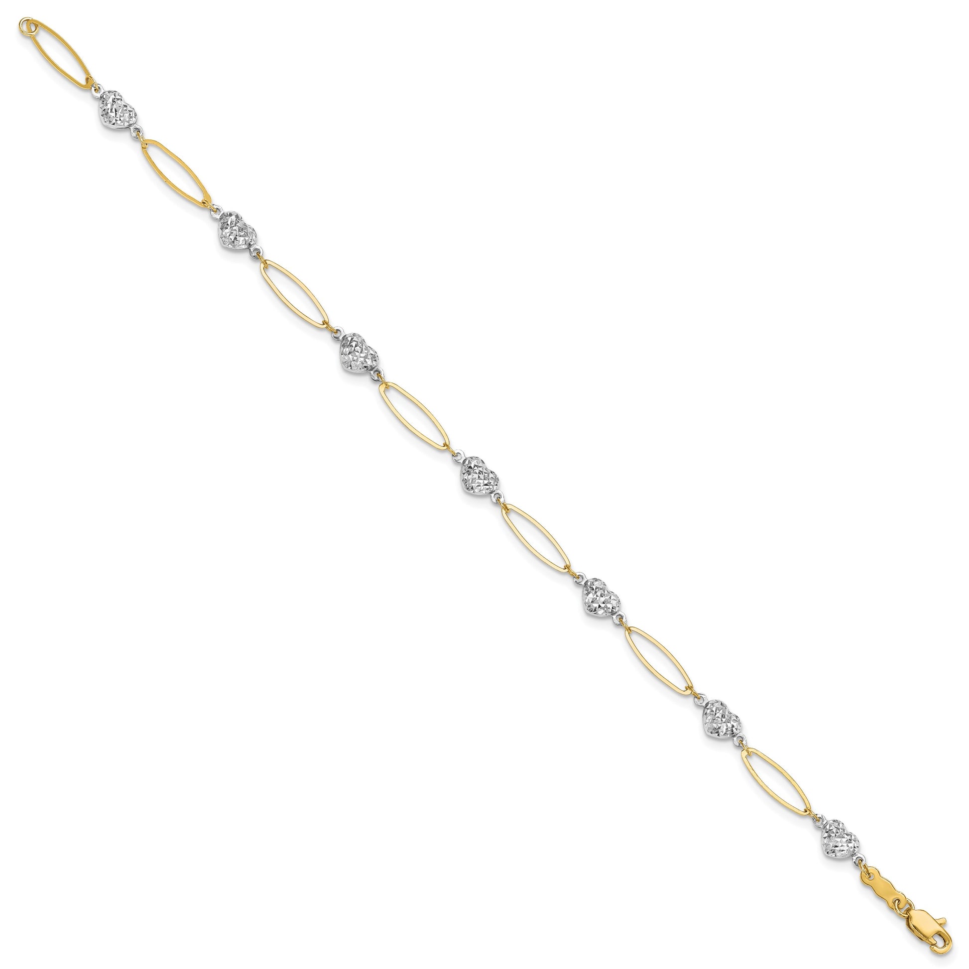 14k Two-tone Diamond-cut Puffed Heart and Flat Oval Link 7.25 inch Bracelet