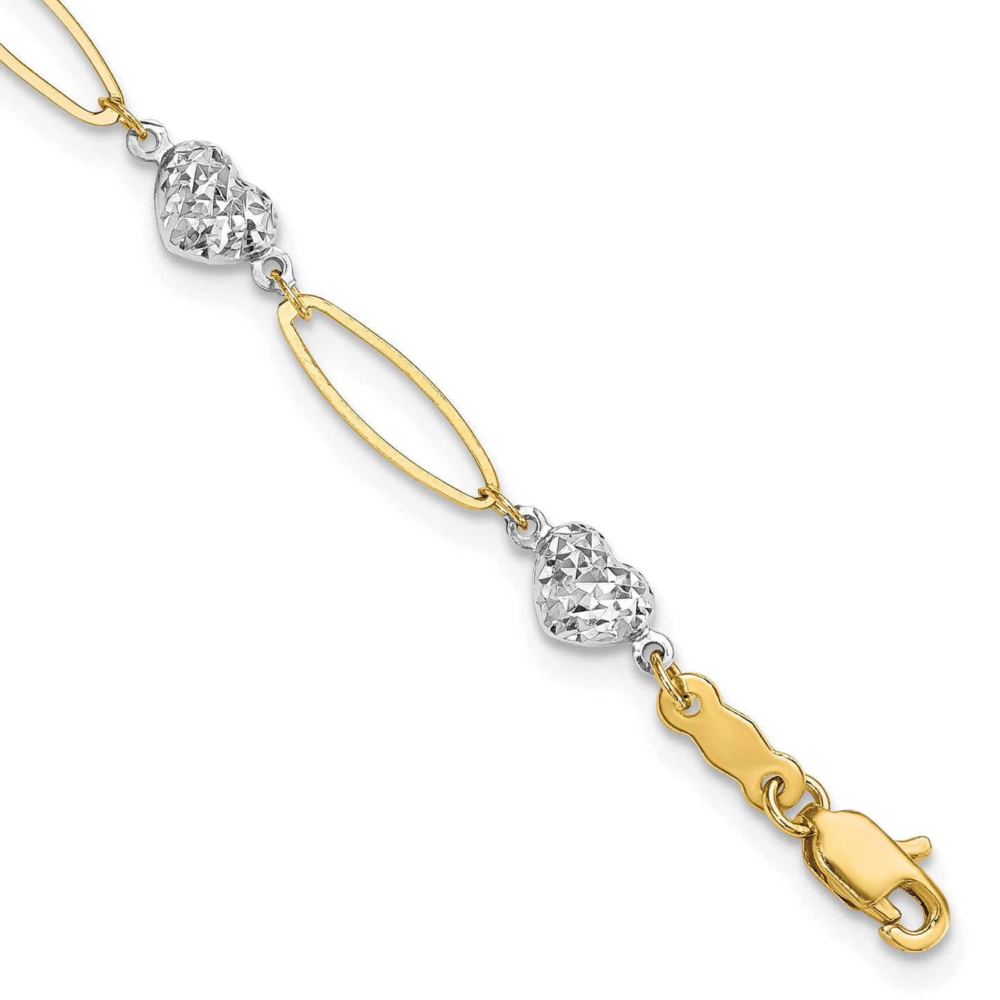 14k Two-tone Diamond-cut Puffed Heart and Flat Oval Link 7.25 inch Bracelet