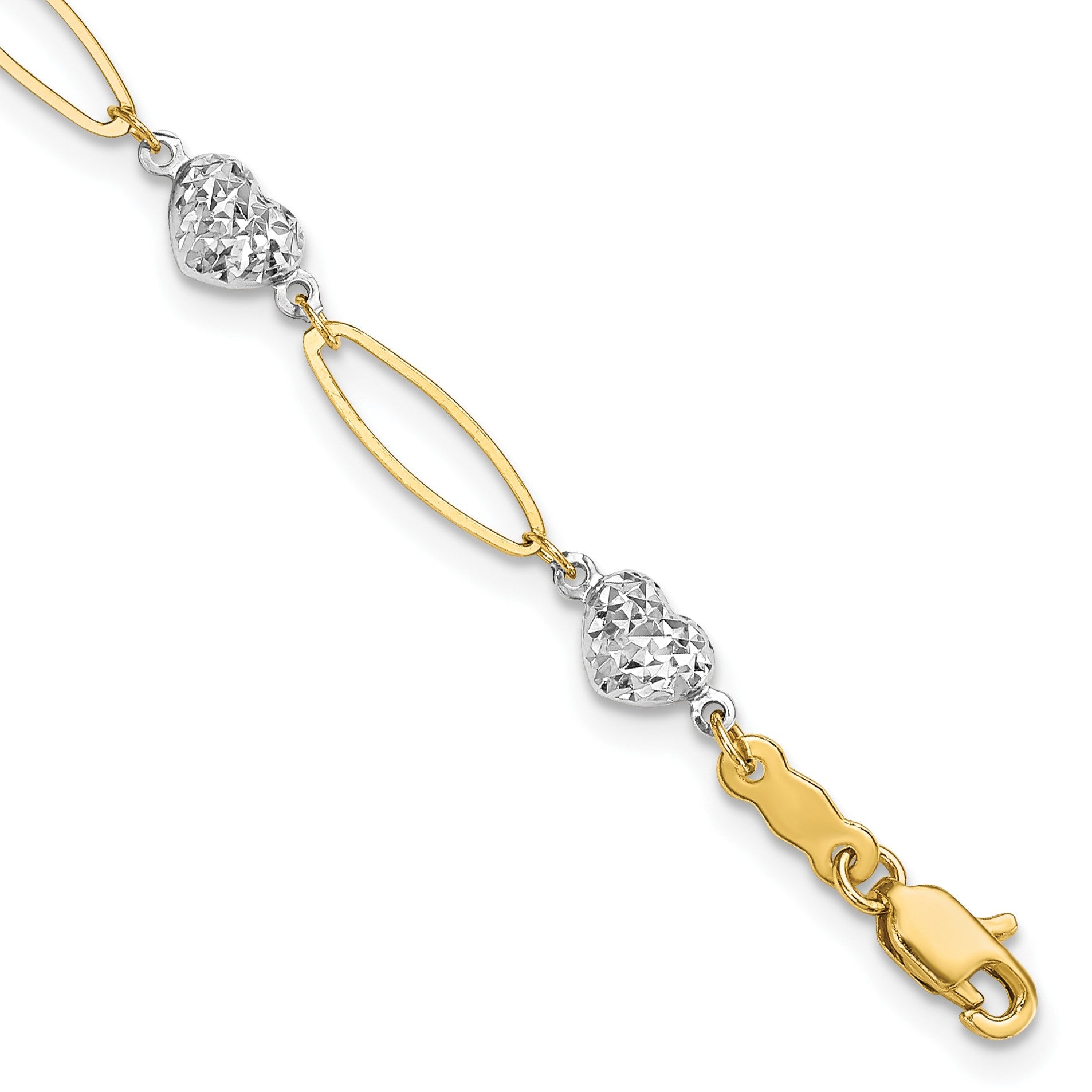 14k Two-tone Diamond-cut Puffed Heart and Flat Oval Link 7.25 inch Bracelet