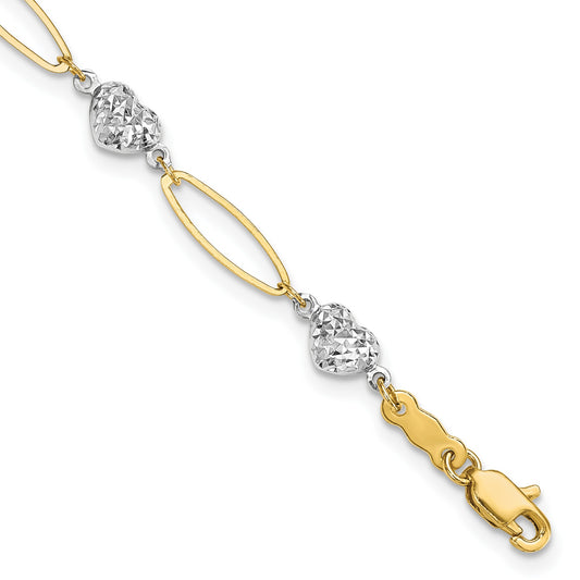 14k Two-tone Diamond-cut Puffed Heart and Flat Oval Link 7.25 inch Bracelet