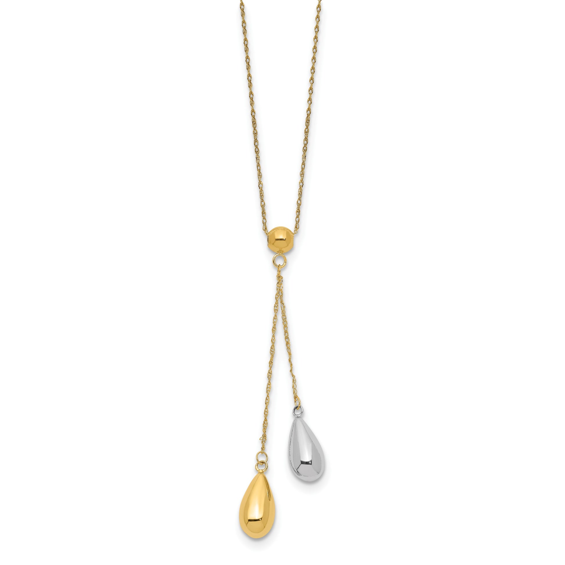 14k Two-tone Two Puffed Teardrop Beads 18 inch Lariat Necklace